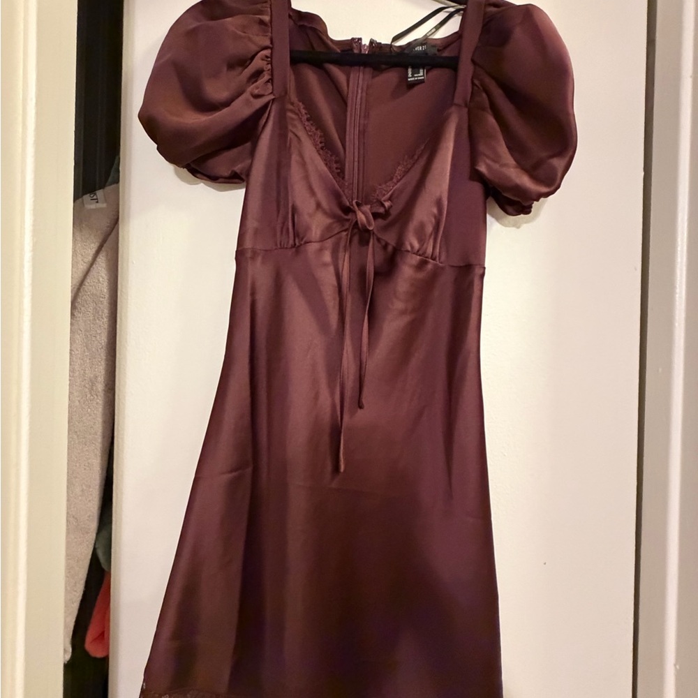 Forever 21 Puff Sleeve Satin Mini Dress - Brown